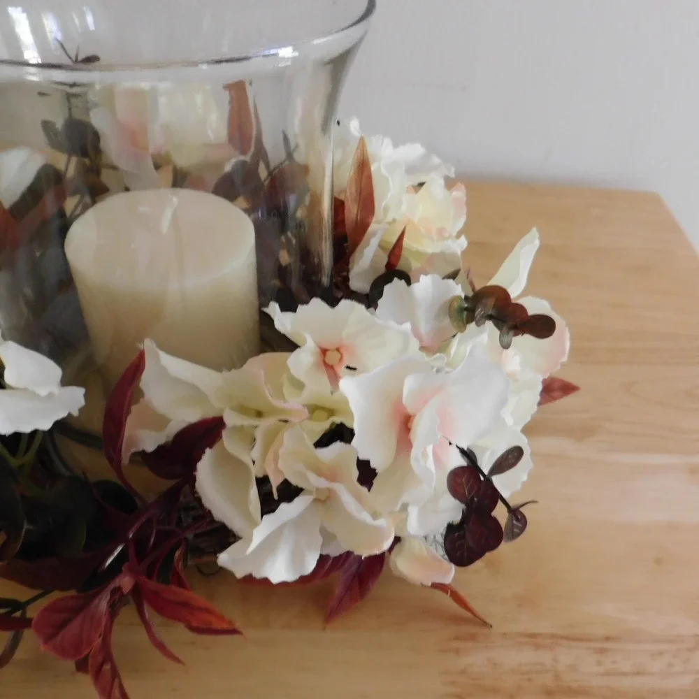Mini Fall Candle Ring, Grapevine Wreath, Burgundy Leaves, Dried Look Hydrangeas
